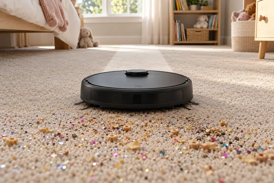 A robot vacuum leaving a clean stripe across a carpet