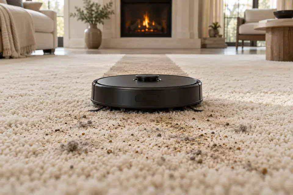 A robot vacuum leaving a clean stripe across a carpet
