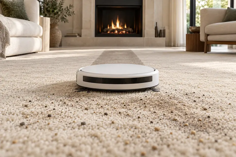 A robot vacuum leaving a clean stripe across a carpet