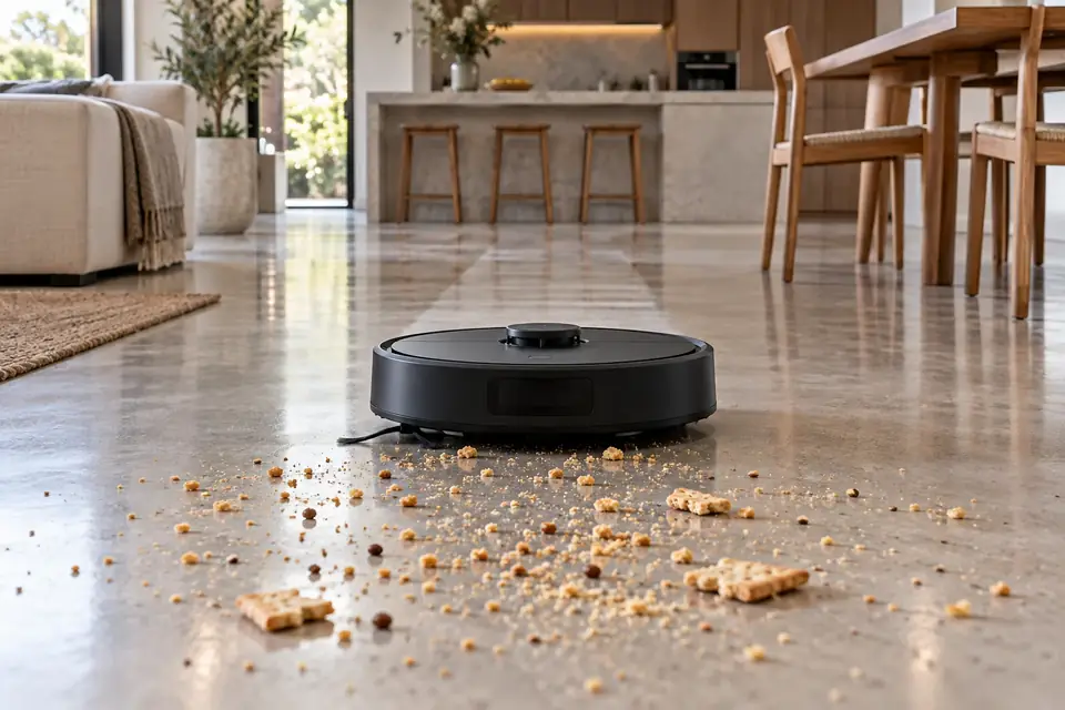 A robot vacuum cleaning up spilled cereal