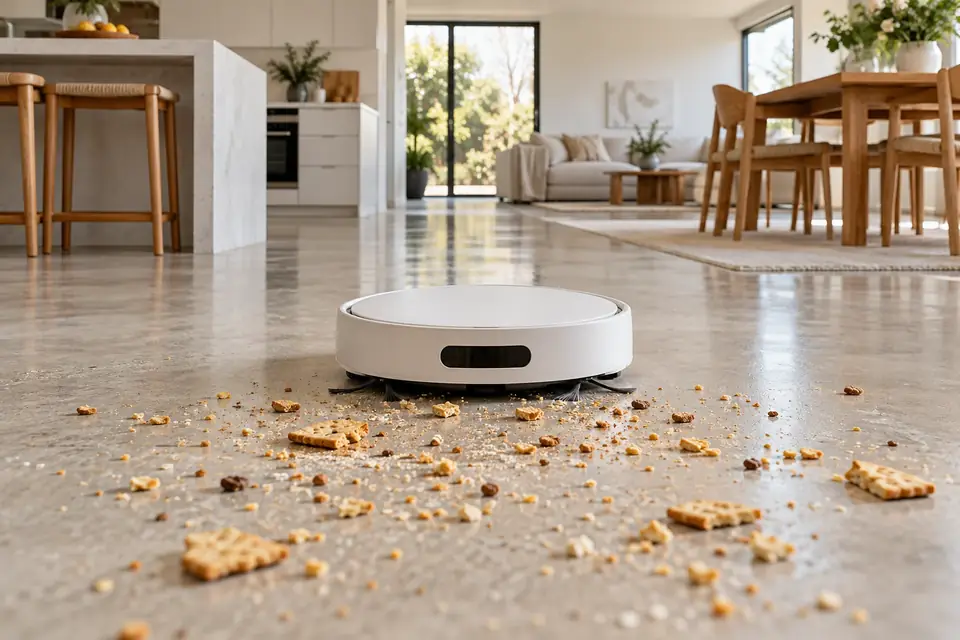 A robot vacuum cleaning up spilled cereal