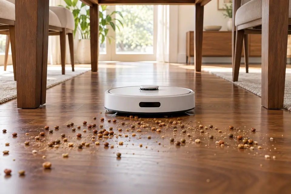 A robot vacuum cleaning up spilled cereal