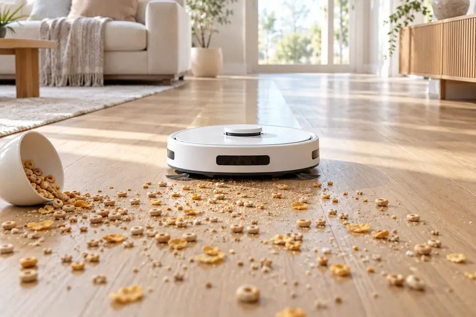 A robot vacuum cleaning up spilled cereal