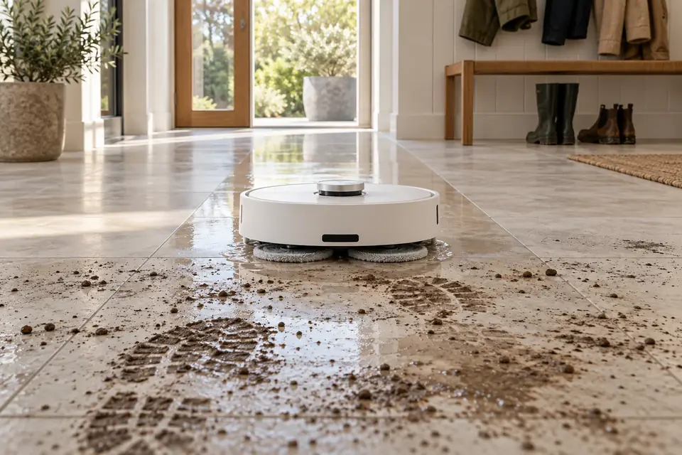 A robot mop cleaning a dirty floor