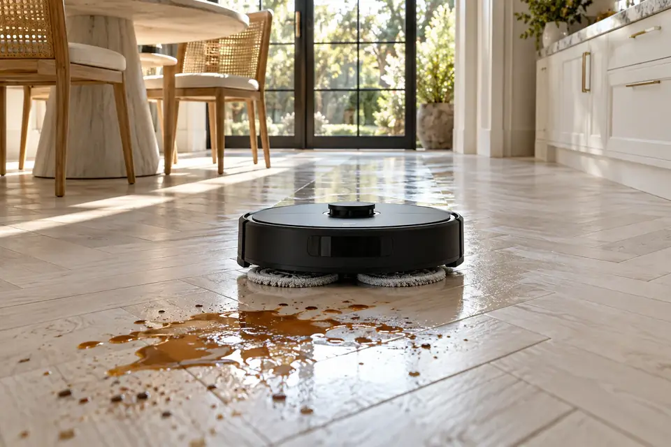 A robot mop cleaning a dirty floor