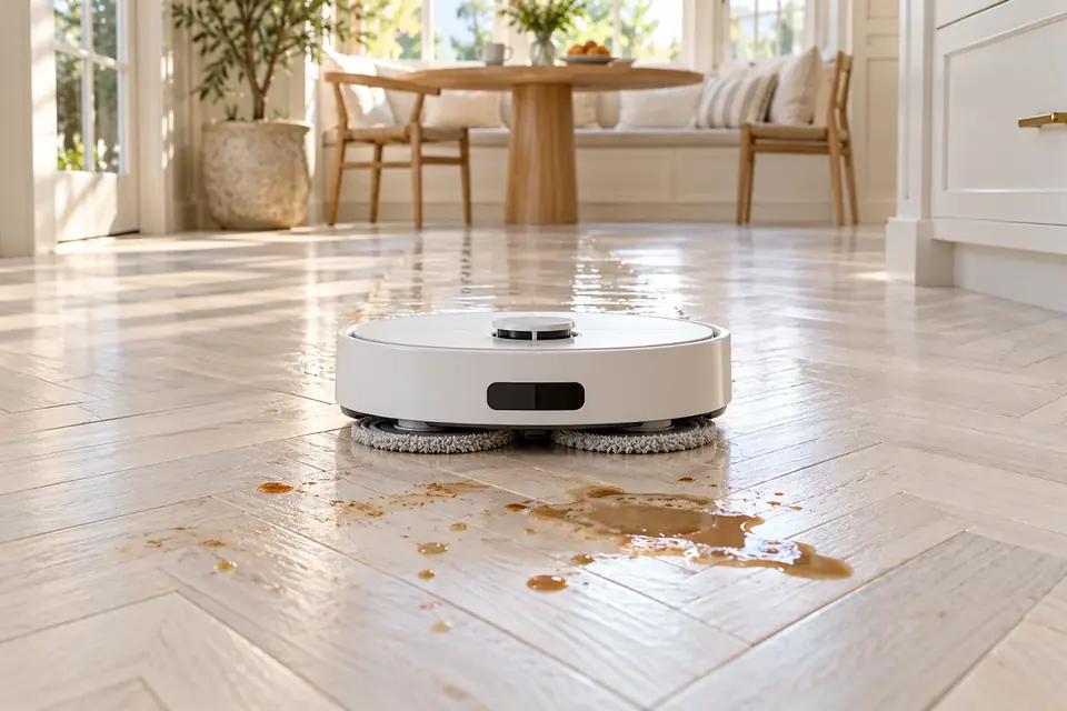 A robot mop cleaning a dirty floor