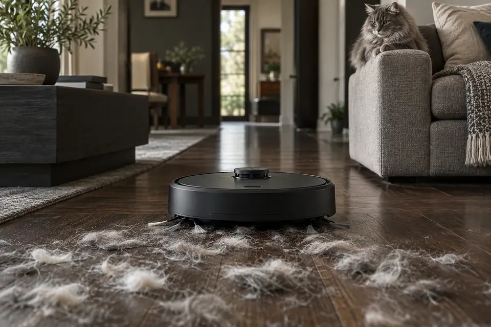 A robot vacuum picking up pet hair