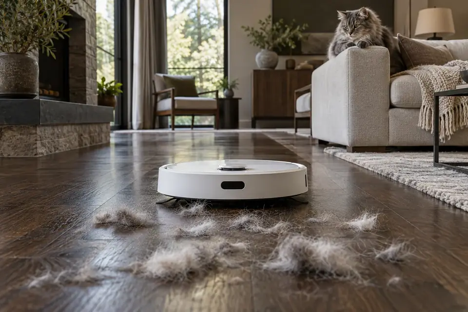 A robot vacuum picking up pet hair