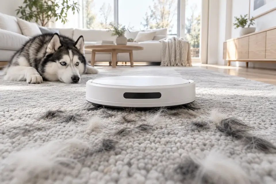 A robot vacuum picking up pet hair