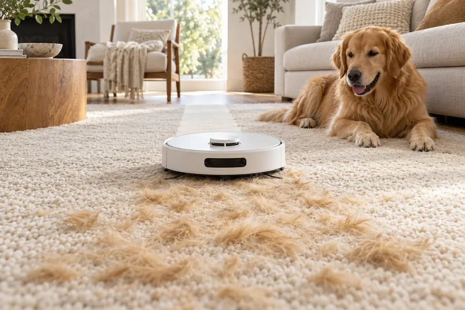 A robot vacuum picking up pet hair